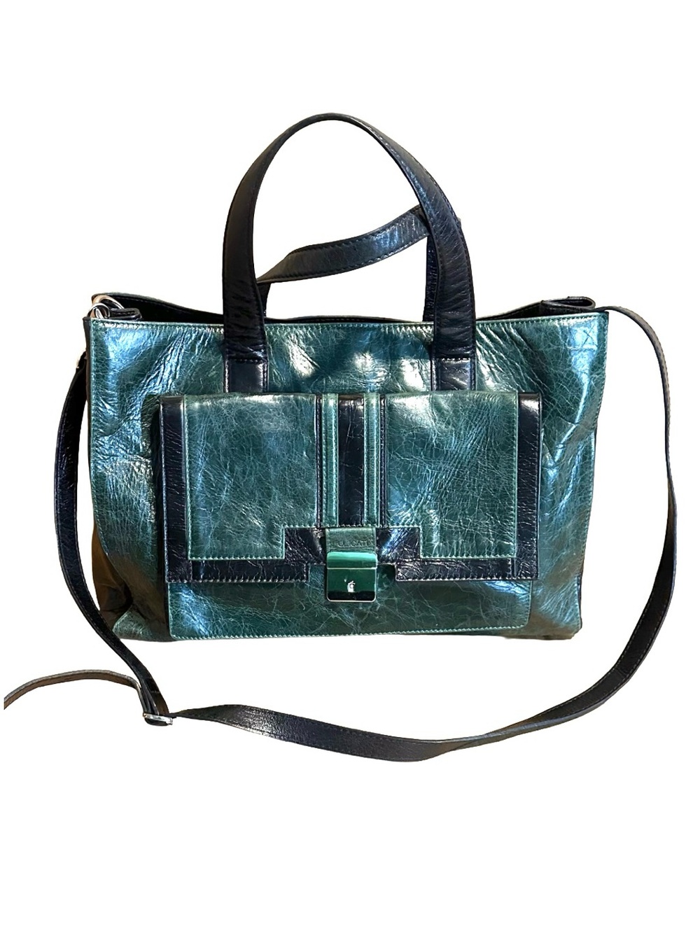 PULICATI GREEN & BLACK CRINKLED LEATHER CROSS BODY BAG